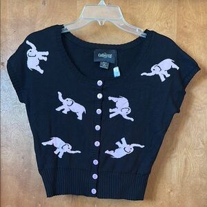 Collectif Black Cropped Cardigan with Pink Elephant Design